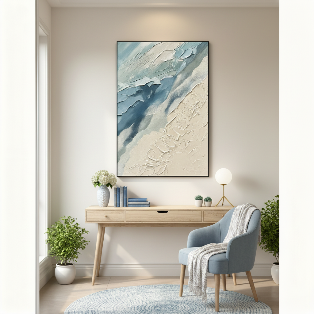 Ocean-inspired abstract oil painting in a calm home office reading nook