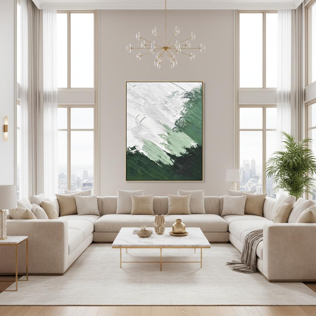 Abstract green white mountain mist oil painting in a luxury modern living room
