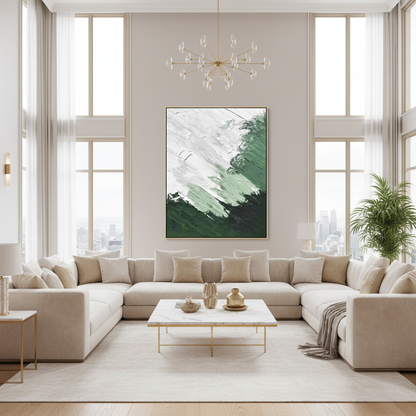 Abstract green white mountain mist oil painting in a luxury modern living room
