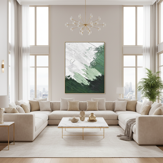 Abstract green white mountain mist oil painting in a luxury modern living room