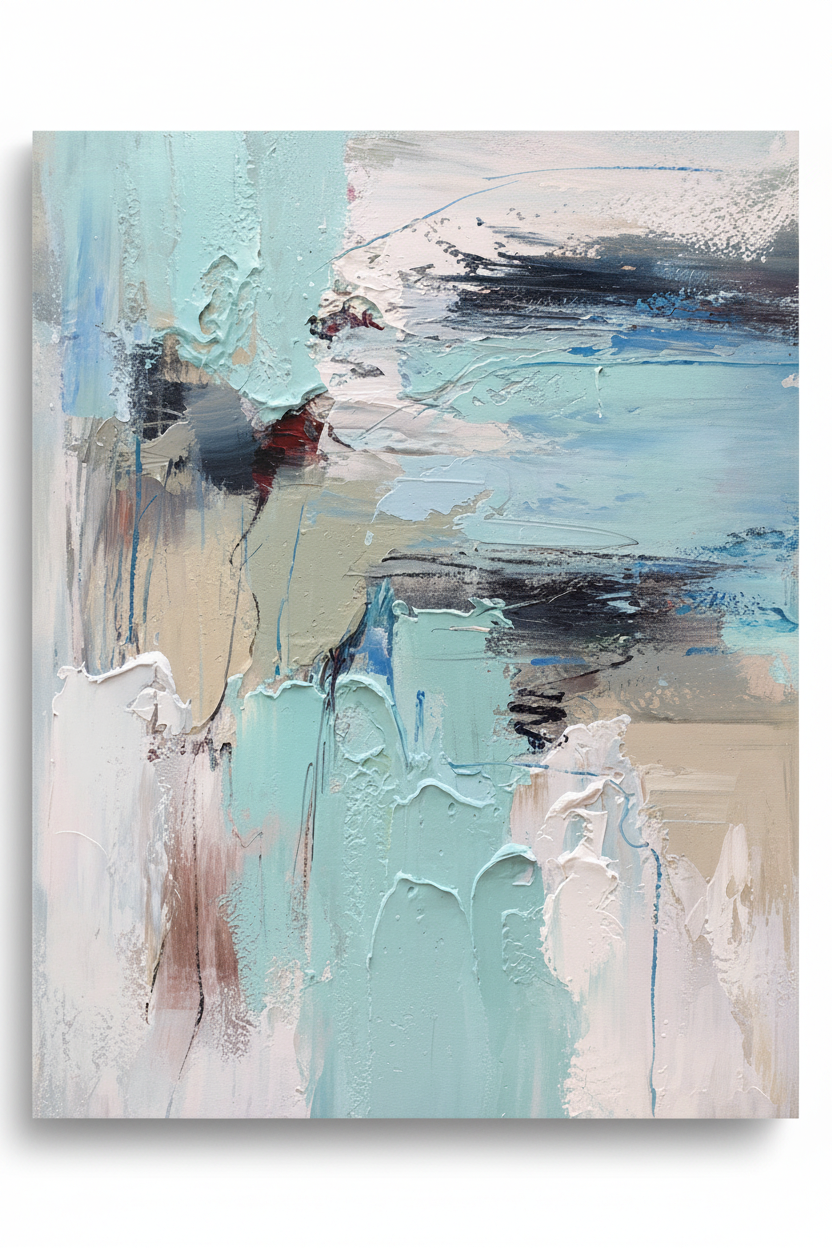 Abstract mint blue cream white navy burgundy impasto oil painting no frame white background