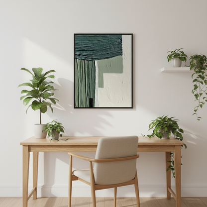 Abstract geometric green white oil painting in a Scandinavian home office