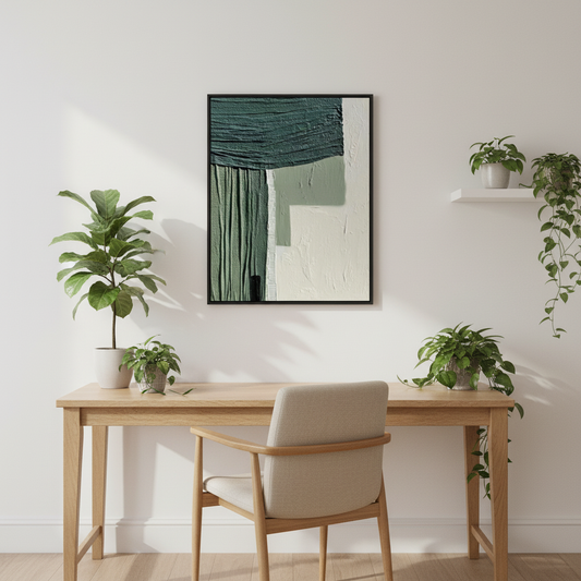 Abstract geometric green white oil painting in a Scandinavian home office