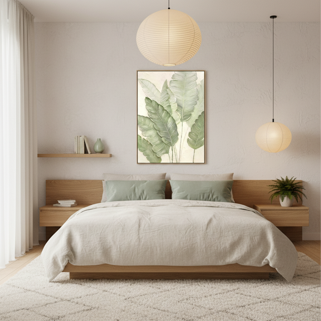 Soft mint sage green tropical leaf oil painting in a Japandi bedroom