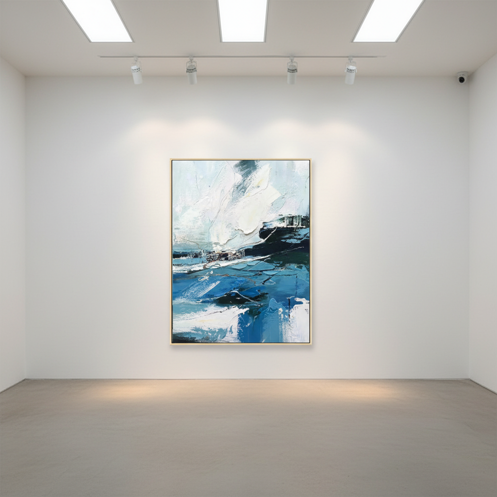 Abstract stormy seascape oil painting in an art gallery