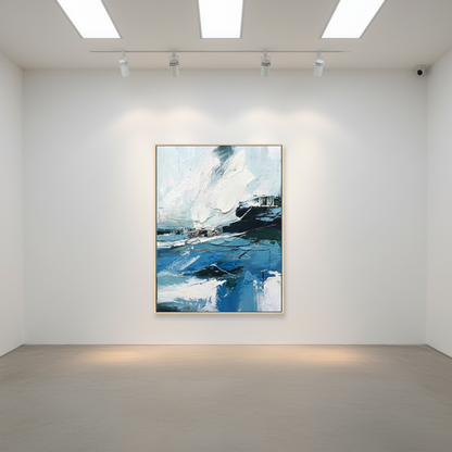 Abstract stormy seascape oil painting in an art gallery