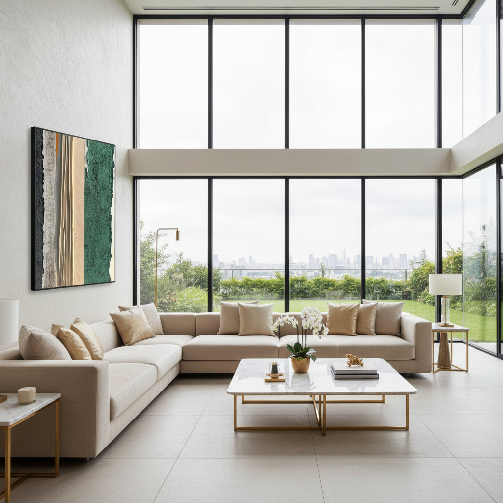 Abstract vertical stripe oil painting in a luxury modern living room
