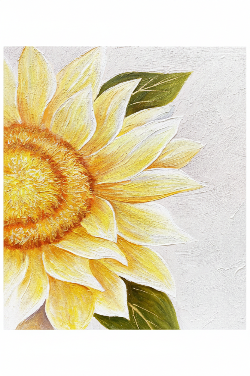 Lemon yellow sunflower half-bloom close-up impasto oil painting no frame white background