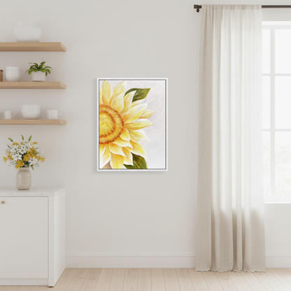 Lemon yellow sunflower oil painting in a Scandinavian kitchen