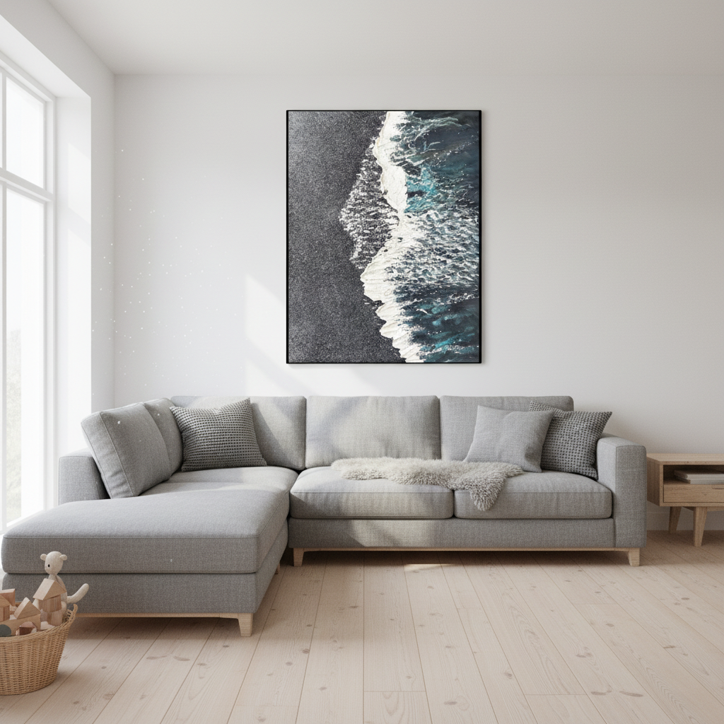 Black sand beach oil painting in a Scandinavian family living room