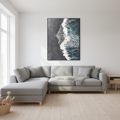 Black sand beach oil painting in a Scandinavian family living room