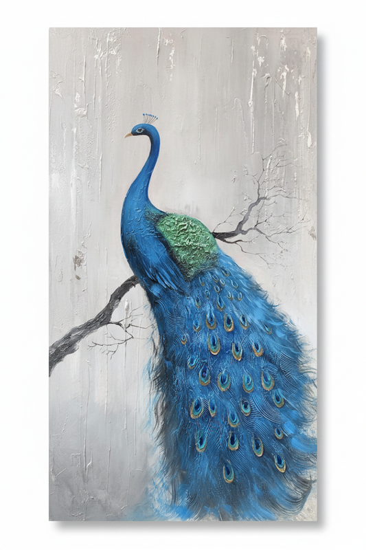 Blue peacock on branch impasto oil painting no frame white background