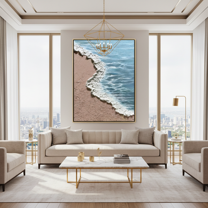 Beach shoreline oil painting in a luxury modern living room