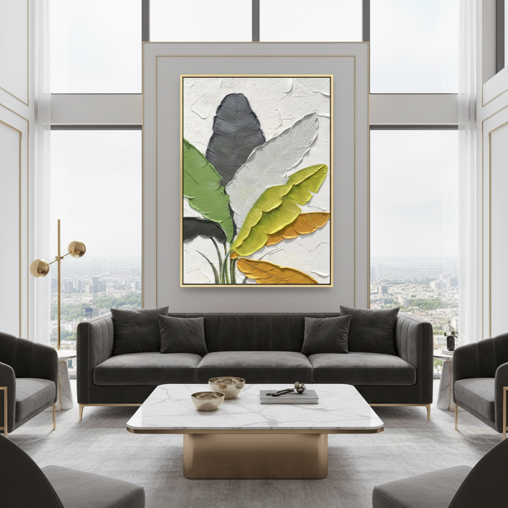 Multi-color tropical banana leaf oil painting in a luxury modern living room