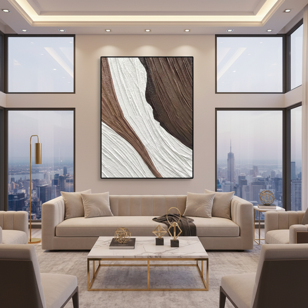 Abstract brown white canyon rock oil painting in a luxury modern living room