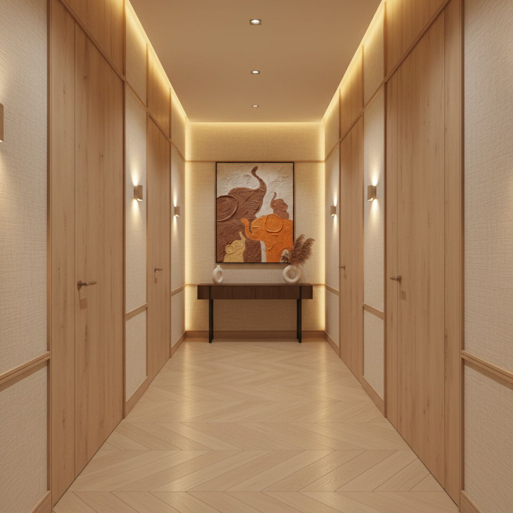 Elephant family oil painting displayed in a stylish hallway corridor