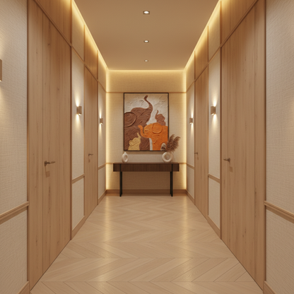 Elephant family oil painting displayed in a stylish hallway corridor