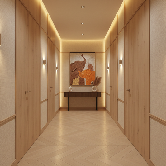 Elephant family oil painting displayed in a stylish hallway corridor