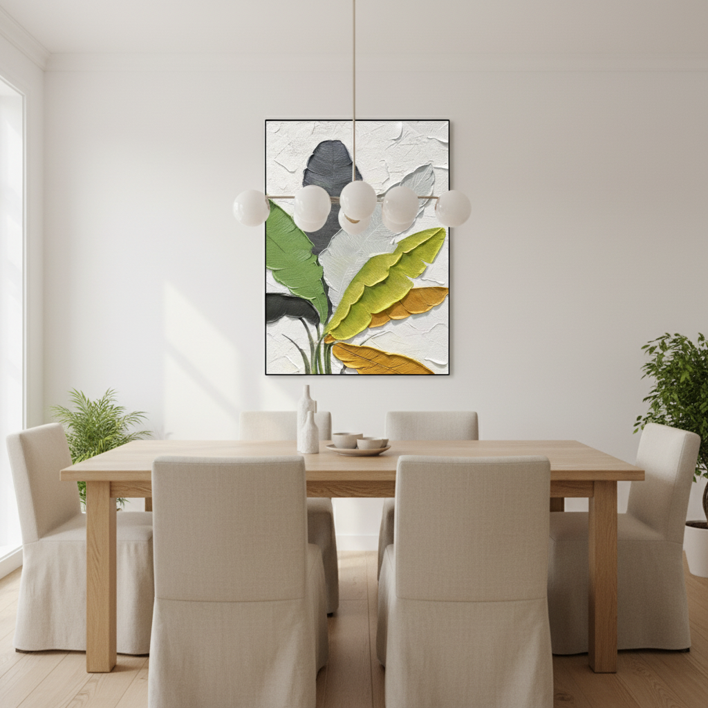 Multi-color tropical banana leaf oil painting in a Scandinavian dining room