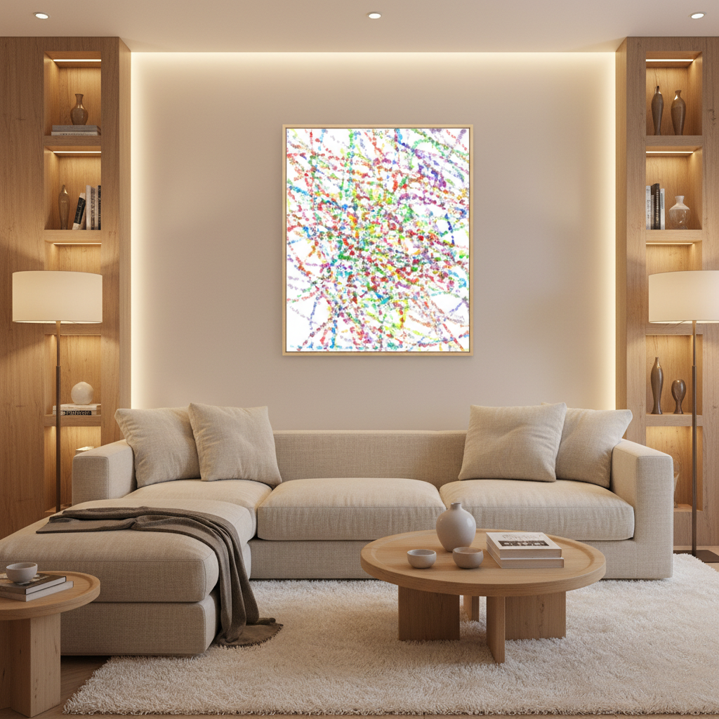 Multicolor drip splatter abstract oil painting in a warm modern living room