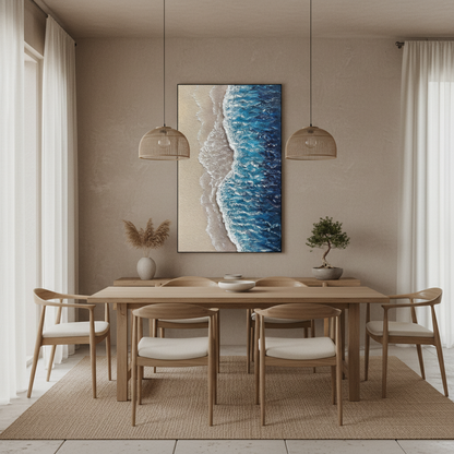 Aerial beach ocean oil painting in a Japandi dining room