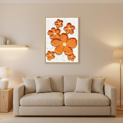 Orange sculptural flower scatter oil painting in a warm modern living room
