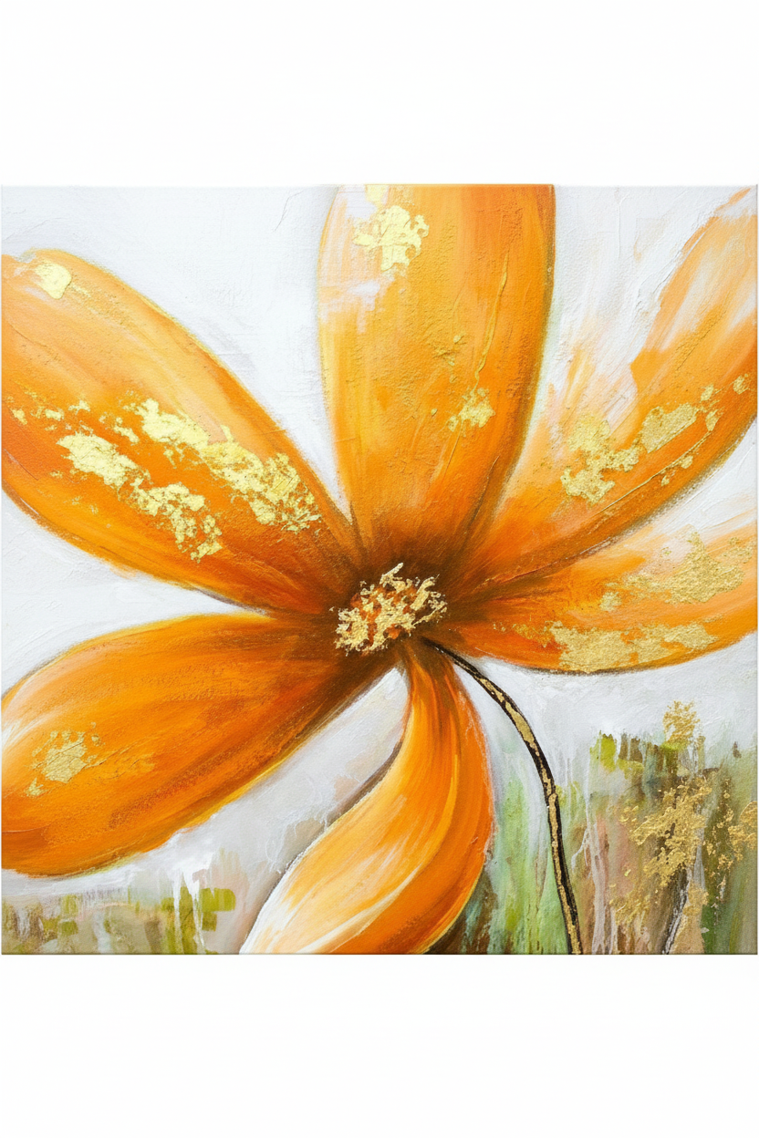 Golden orange flower close-up gold accent impasto oil painting no frame white background
