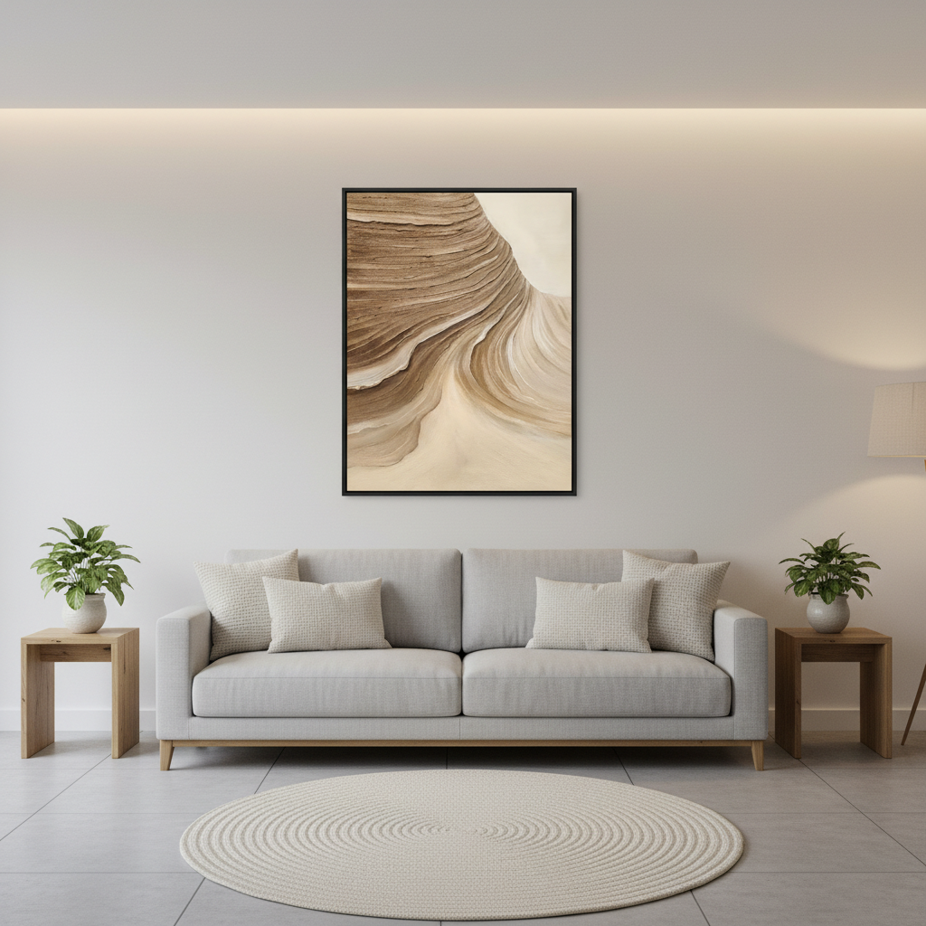 Abstract brown cream twin mesa strata oil painting in a Scandinavian living room
