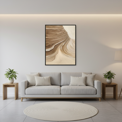 Abstract brown cream twin mesa strata oil painting in a Scandinavian living room