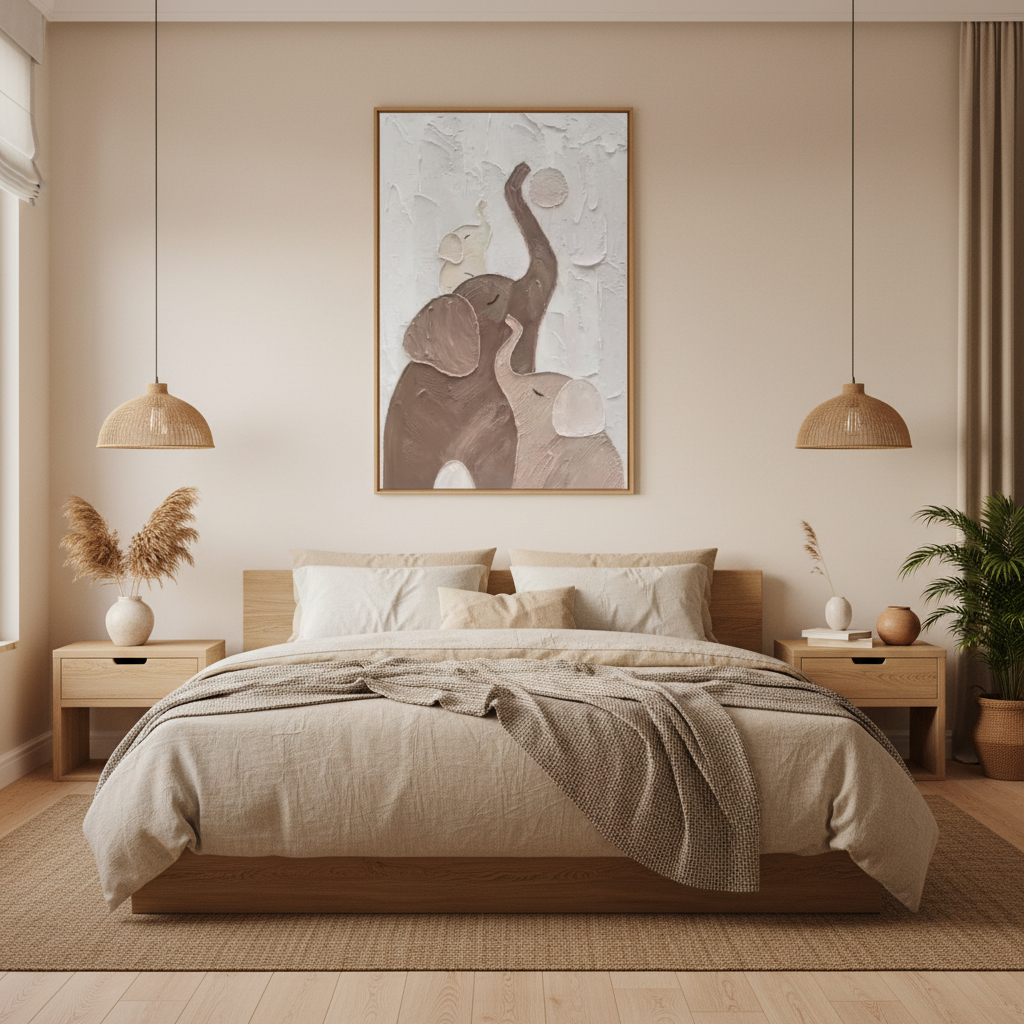 Mother elephant baby balancing ball oil painting in a Japandi bedroom