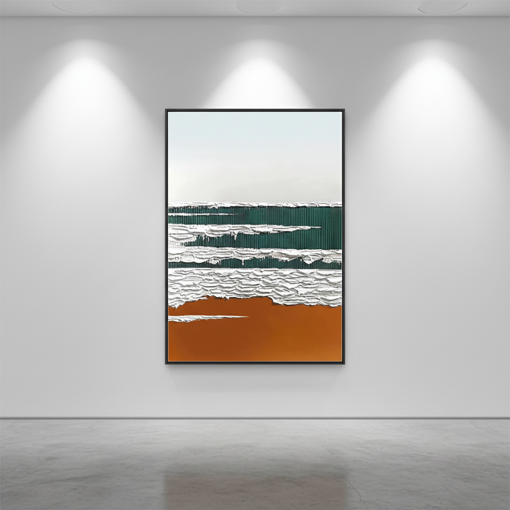 Abstract green white wave oil painting in an art gallery