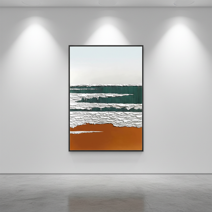 Abstract green white wave oil painting in an art gallery