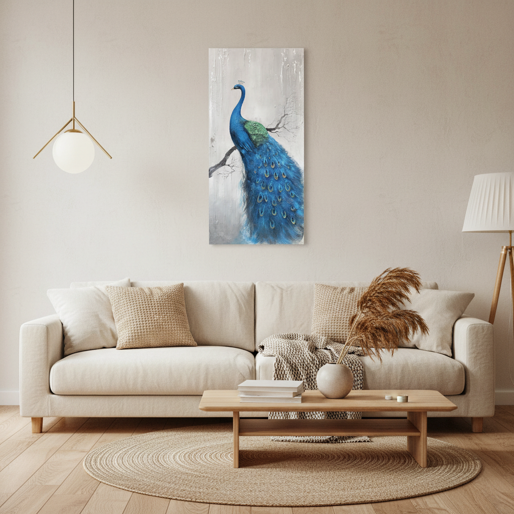 Blue peacock on branch oil painting in a Japandi living room