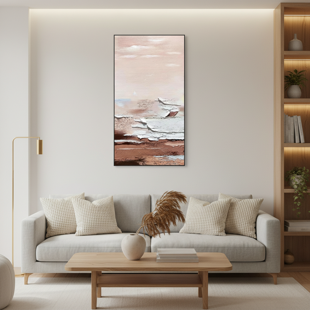 Abstract pink beige sky white ice slab brown earth oil painting in a Scandinavian living room