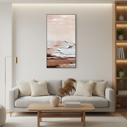 Abstract pink beige sky white ice slab brown earth oil painting in a Scandinavian living room