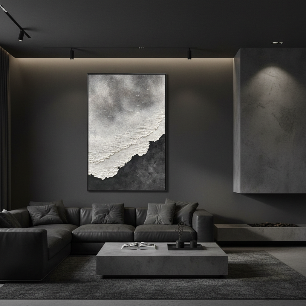 Dark abstract coastal oil painting in a dark modern living room
