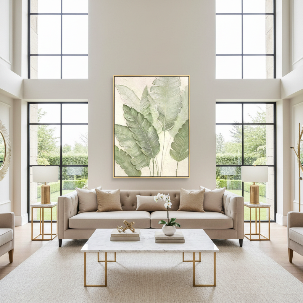 Soft mint sage green tropical leaf oil painting in a luxury modern living room