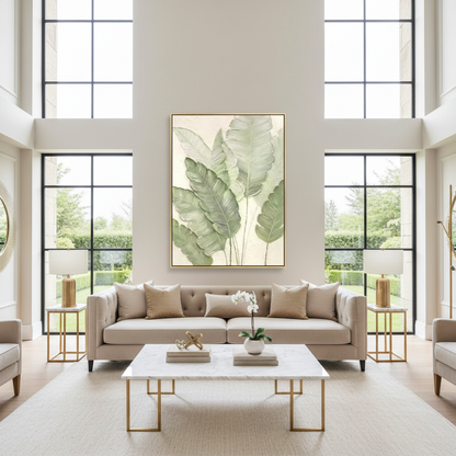 Soft mint sage green tropical leaf oil painting in a luxury modern living room