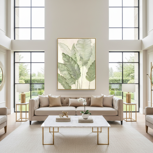 Soft mint sage green tropical leaf oil painting in a luxury modern living room