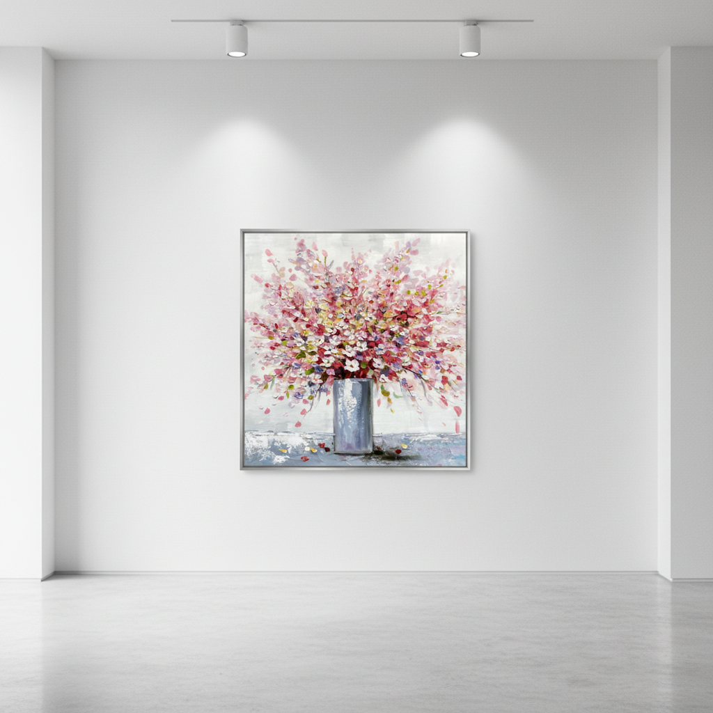 Pink cherry blossom vase oil painting in an art gallery