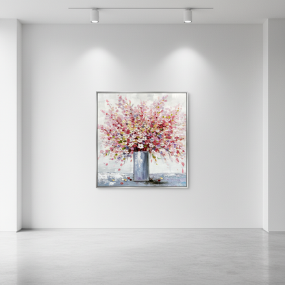 Pink cherry blossom vase oil painting in an art gallery