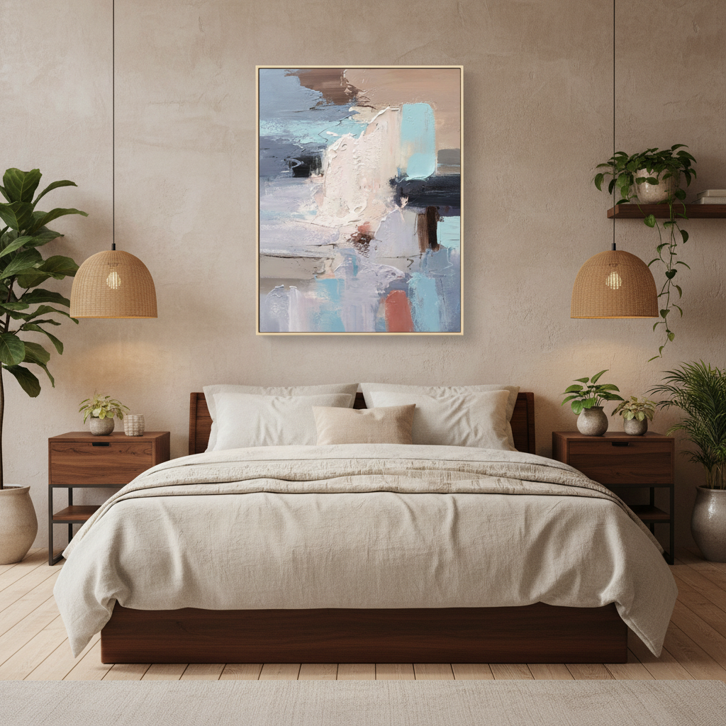Abstract cream blue coral geometric oil painting in a Japandi bedroom