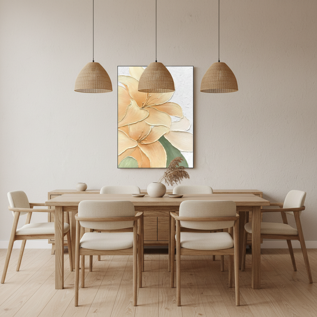 Champagne peach lily oil painting in a Japandi dining room