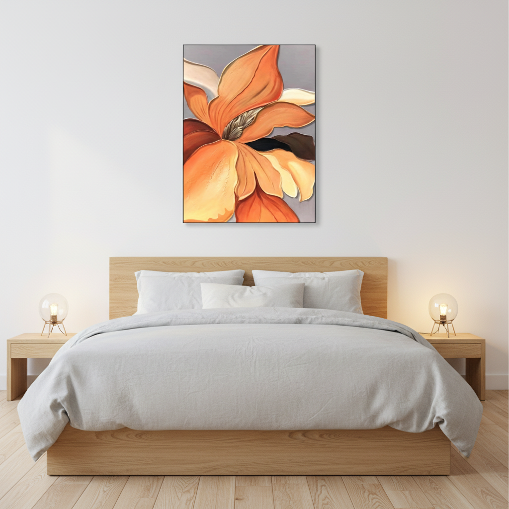 Orange iris flower oil painting in a Scandinavian bedroom