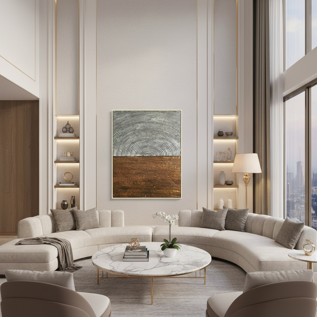 Abstract silver grey dome copper brown earth oil painting in a luxury modern living room