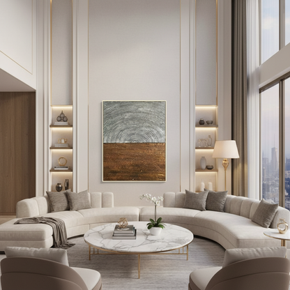 Abstract silver grey dome copper brown earth oil painting in a luxury modern living room