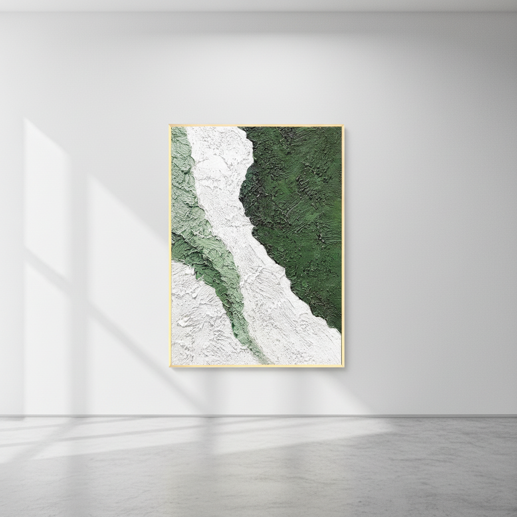Abstract green white glacier river oil painting in an art gallery