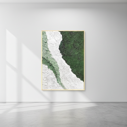 Abstract green white glacier river oil painting in an art gallery