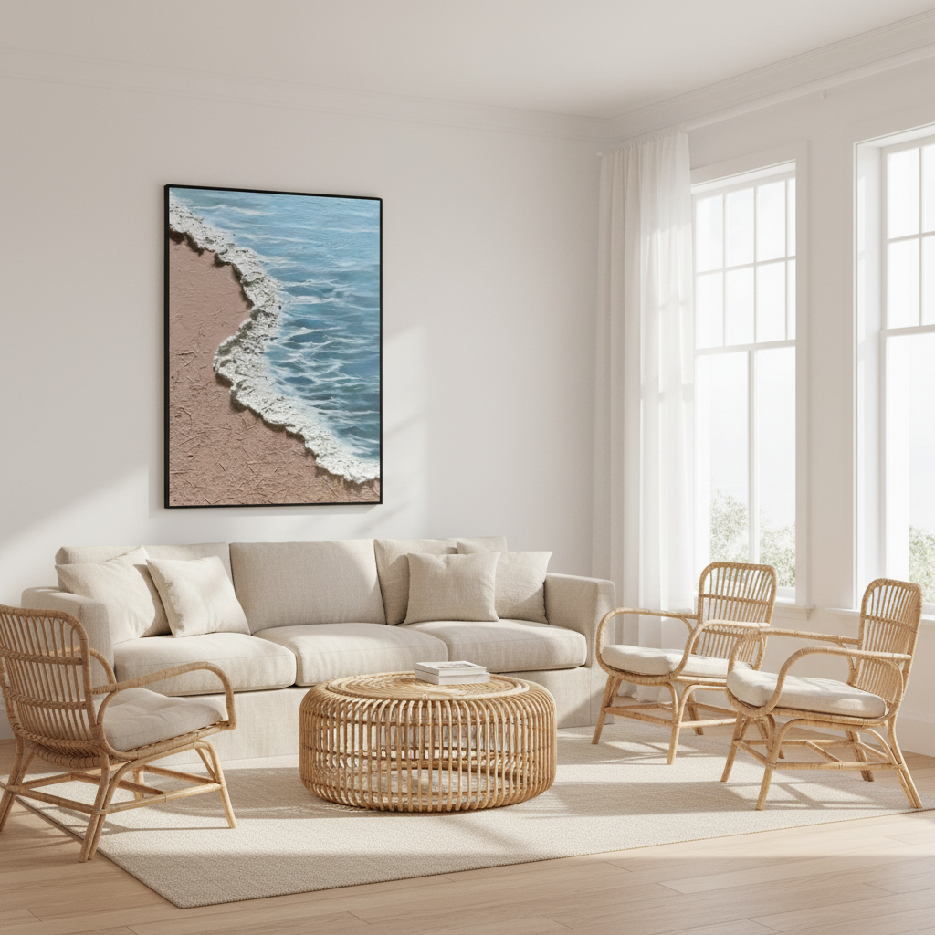 Beach shoreline oil painting in a coastal living room