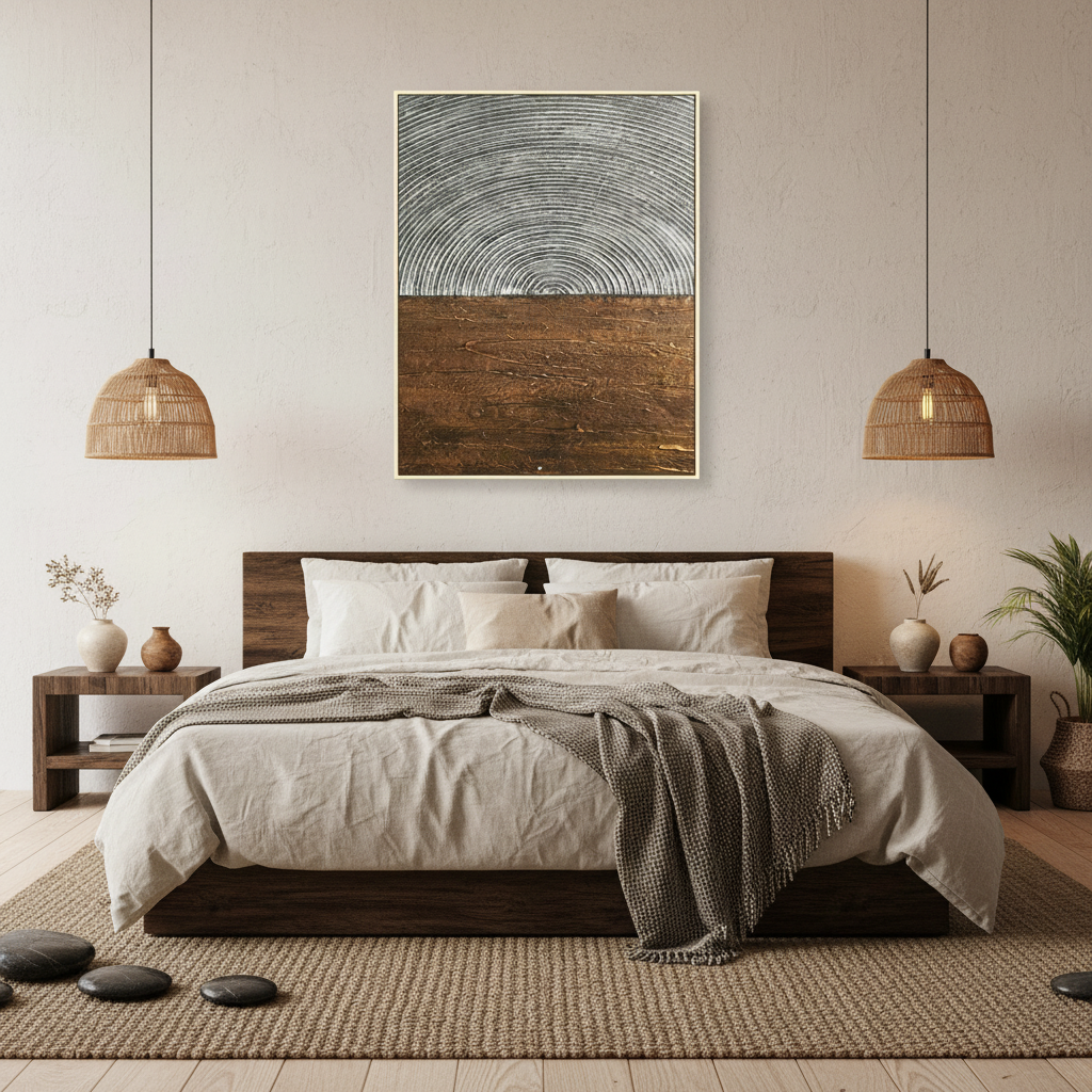Abstract silver grey dome copper brown earth oil painting in a Japandi bedroom